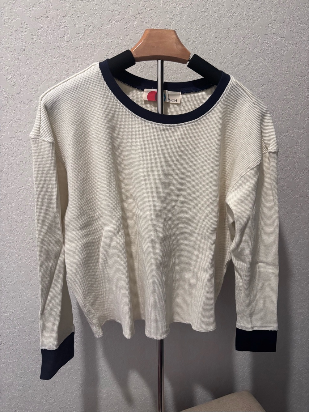 NWOT Free People FP Beach Waffle Knit Thermal Top Cream Navy Ringer Womens S
